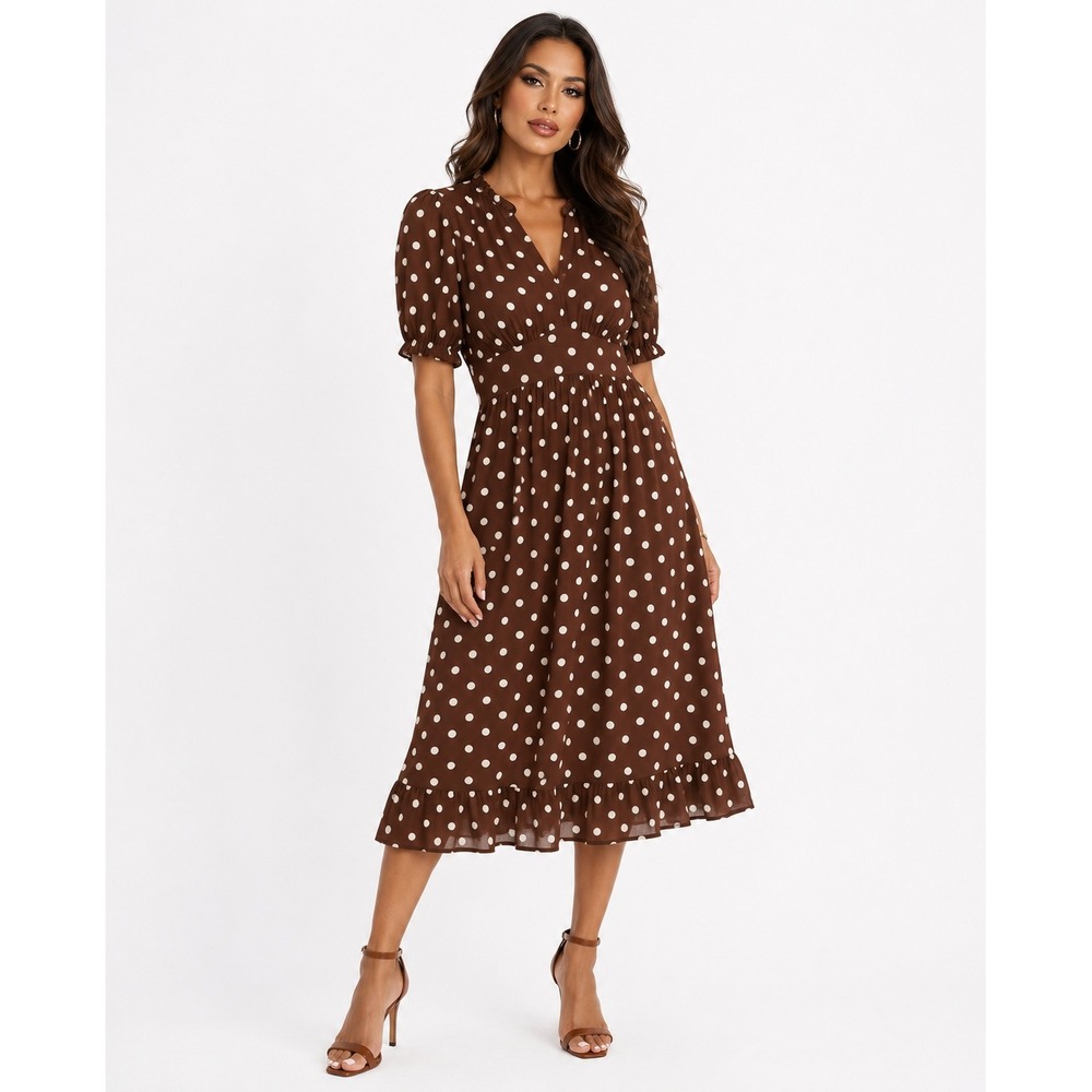 Les Serein Arnette Brown Polka Dot Ruffle Midi Dress Size XSP NWT